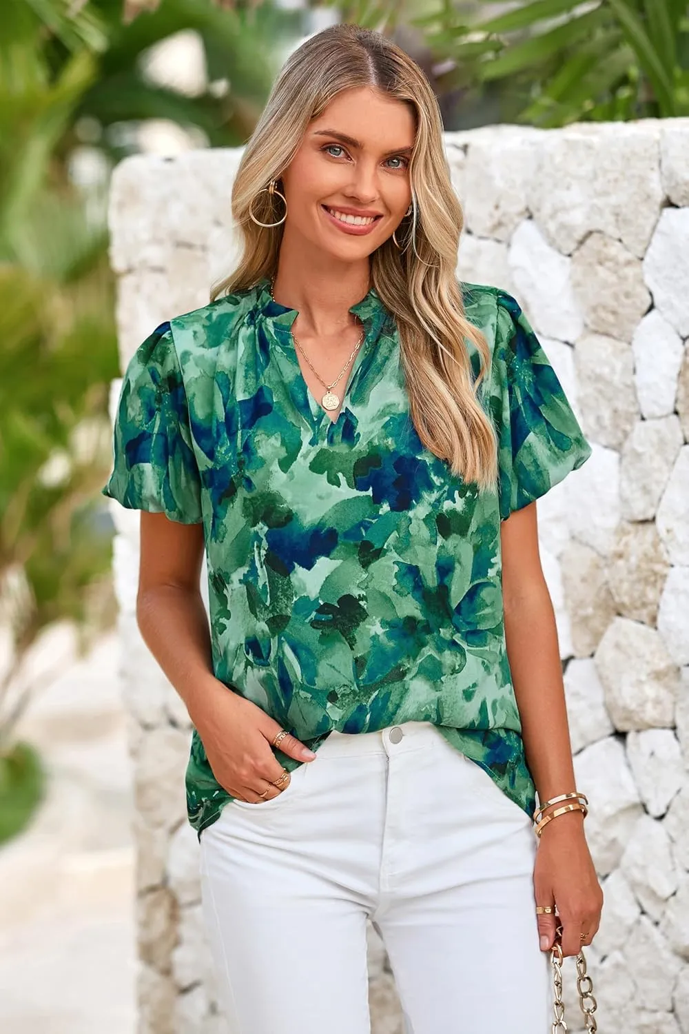 MASCOMODA Boho Short Sleeve Floral Work Blouses for Women Dressy Casual V Neck Puff Sleeve Loose Chiffon Flowy Tops Shirts