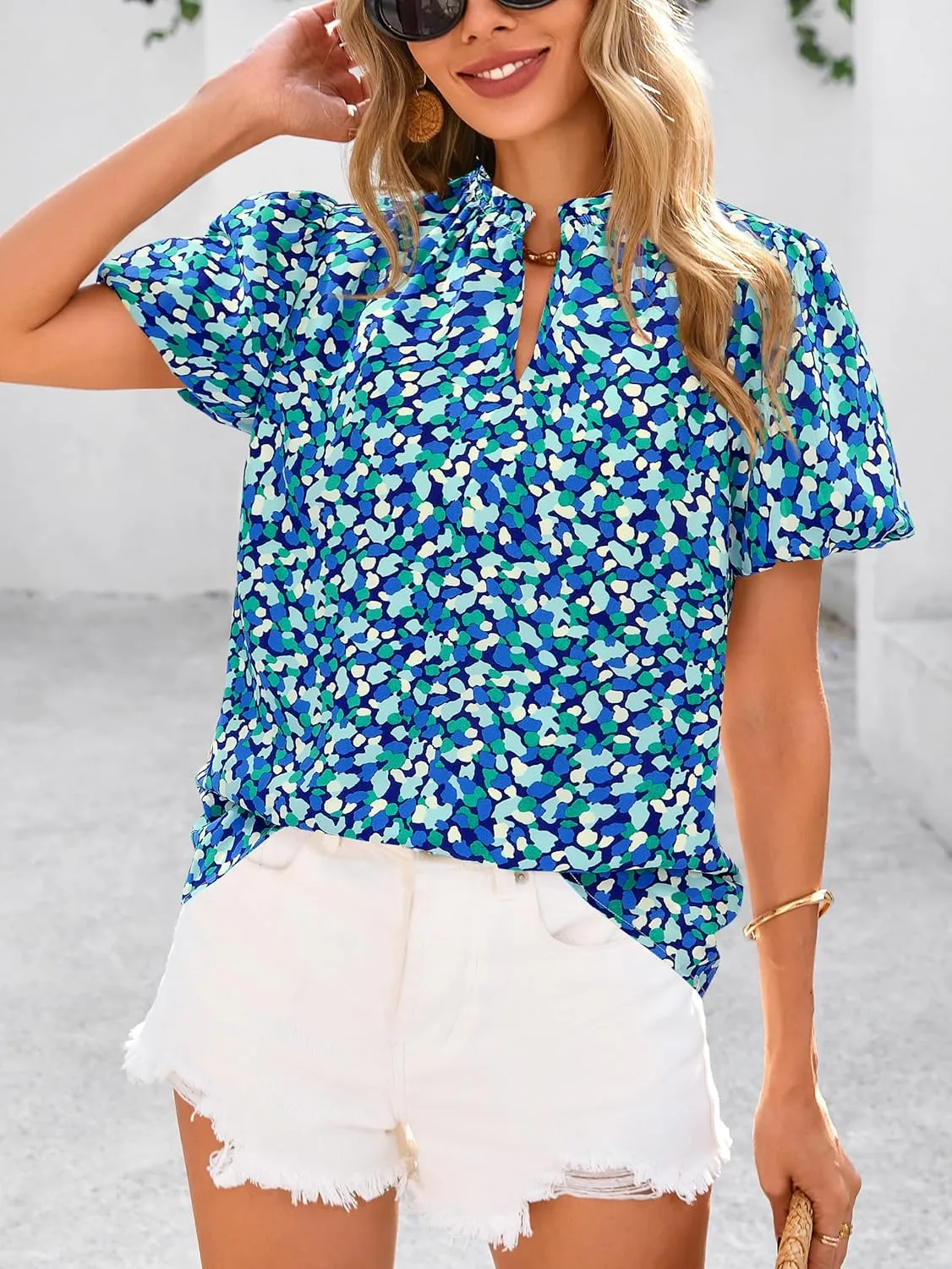 MASCOMODA Boho Short Sleeve Floral Work Blouses for Women Dressy Casual V Neck Puff Sleeve Loose Chiffon Flowy Tops Shirts