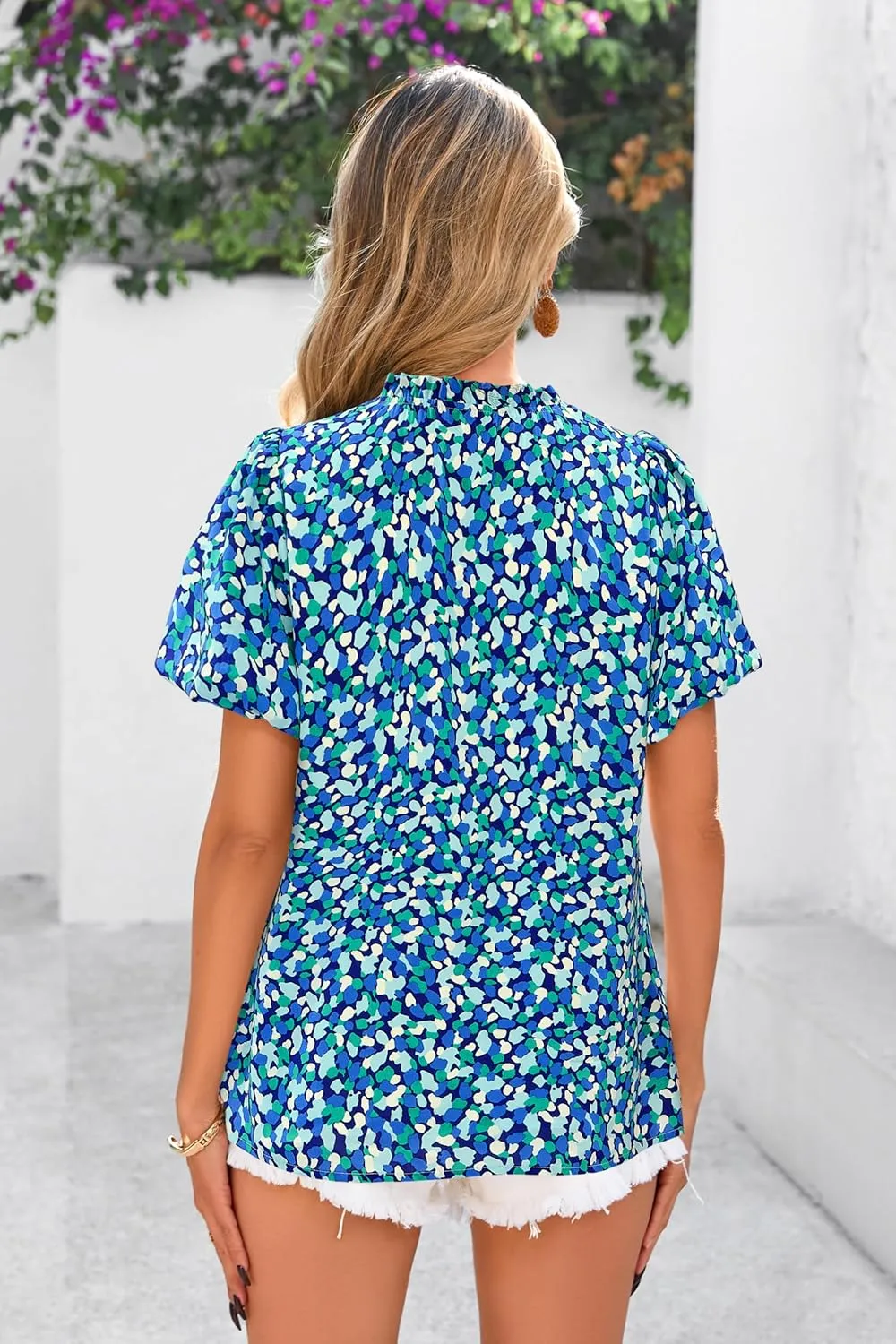 MASCOMODA Boho Short Sleeve Floral Work Blouses for Women Dressy Casual V Neck Puff Sleeve Loose Chiffon Flowy Tops Shirts
