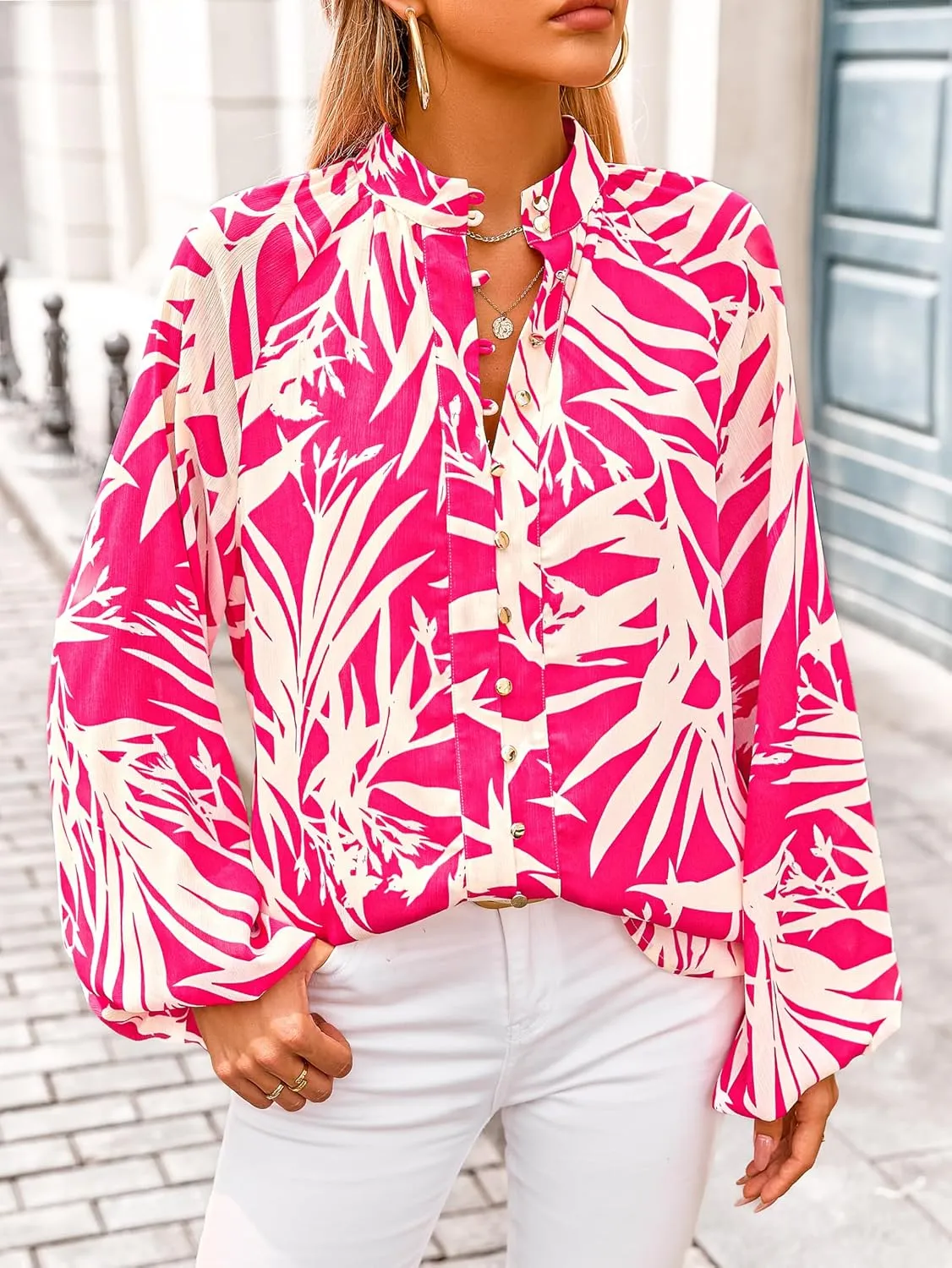 MASCOMODA Womens Boho Floral Print Fall Tops Dressy Casual V Neck Button Down Lantern Long Sleeve Shirts Chiffon Work Blouse
