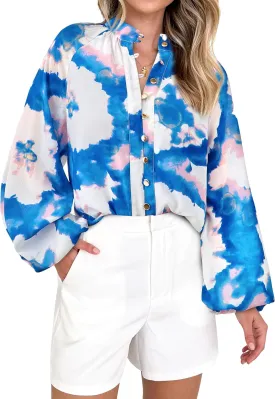 MASCOMODA Womens Boho Floral Print Fall Tops Dressy Casual V Neck Button Down Lantern Long Sleeve Shirts Chiffon Work Blouse