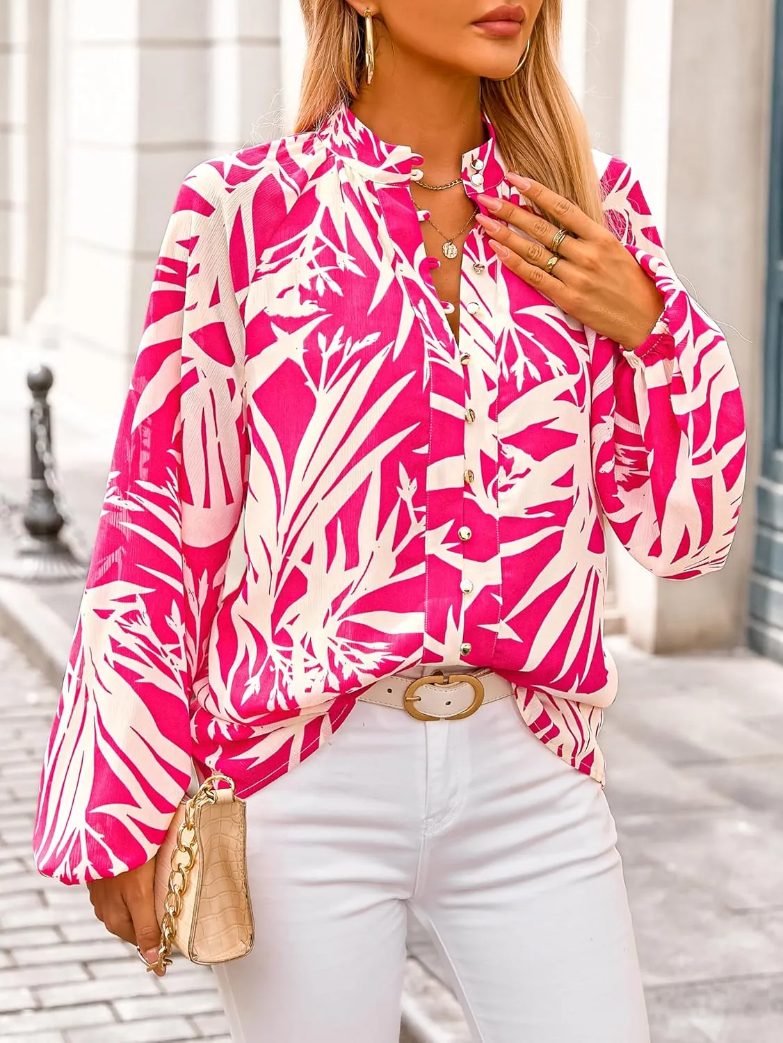 MASCOMODA Womens Boho Floral Print Fall Tops Dressy Casual V Neck Button Down Lantern Long Sleeve Shirts Chiffon Work Blouse