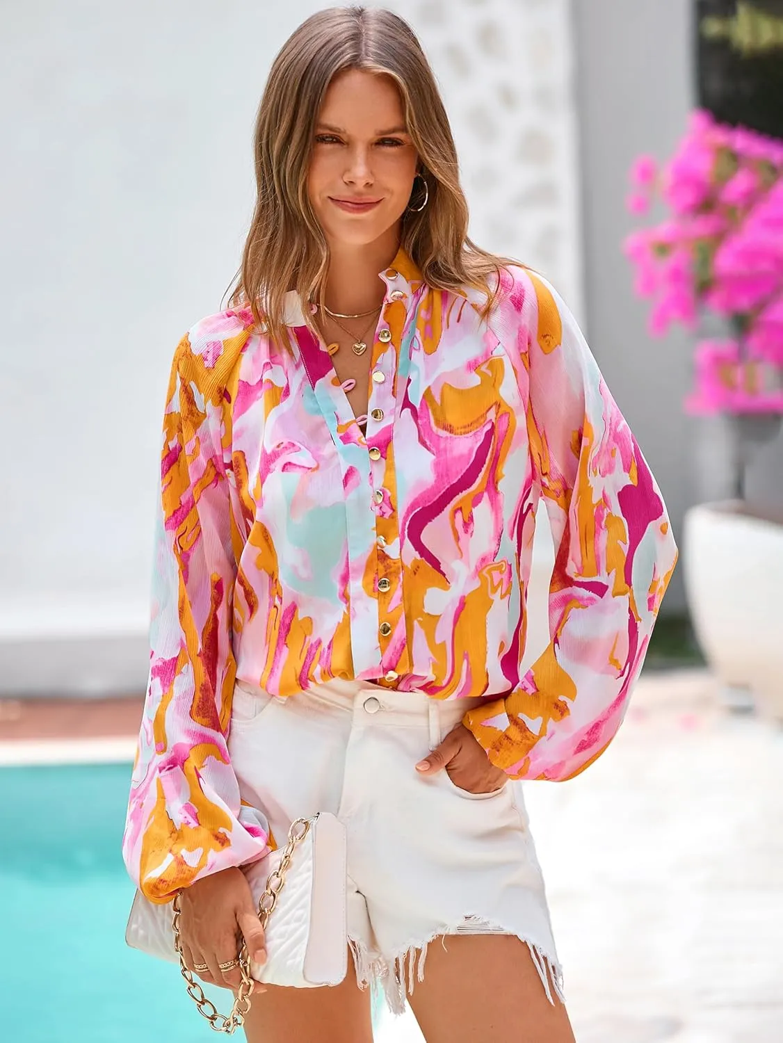 MASCOMODA Womens Boho Floral Print Fall Tops Dressy Casual V Neck Button Down Lantern Long Sleeve Shirts Chiffon Work Blouse
