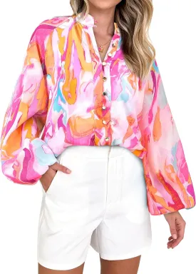 MASCOMODA Womens Boho Floral Print Fall Tops Dressy Casual V Neck Button Down Lantern Long Sleeve Shirts Chiffon Work Blouse