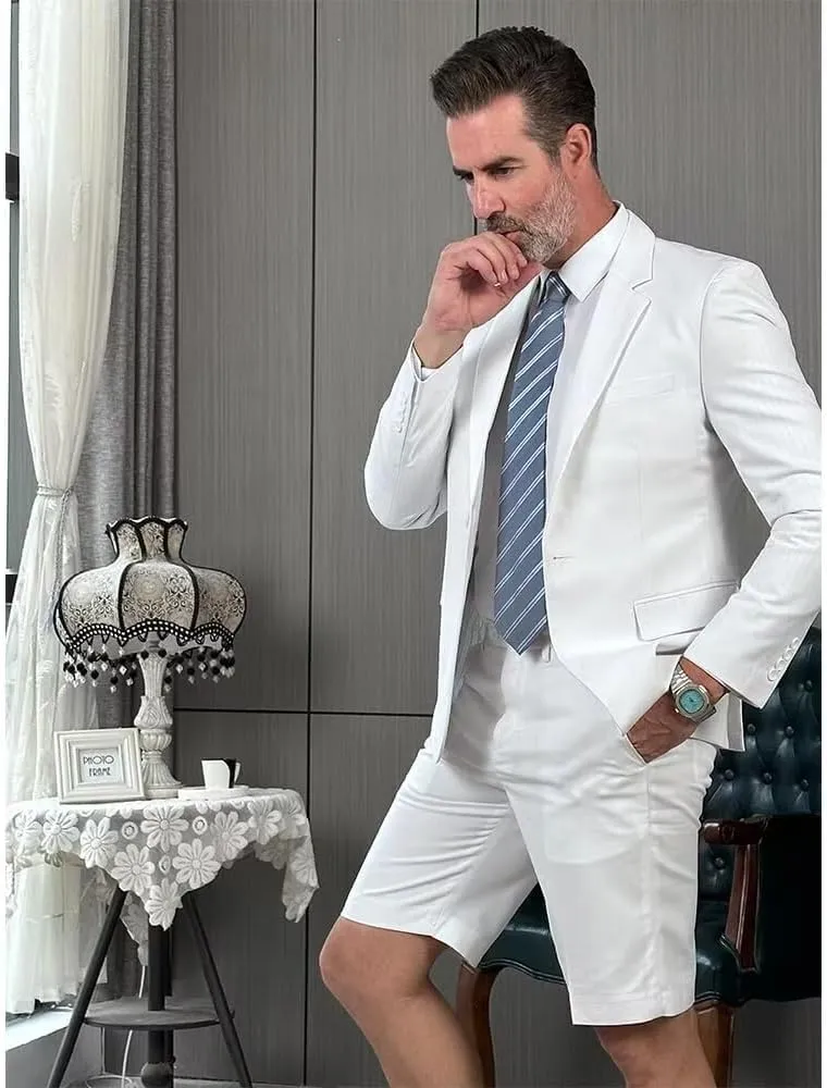 Men's 2 Piece Short Suits Set Blazer Short Pants Slim Fit Casual Mens Summer Suit