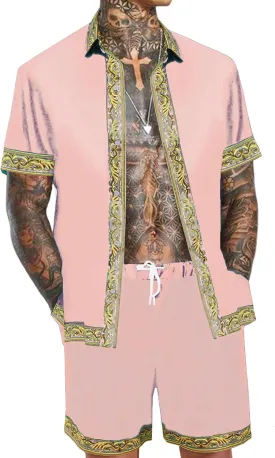 Men's Hawaiian Shirt and Short Set 2 Piece Outfits Luxury Printed Casual Button Down Short Sleeve Satin Shirt Suits