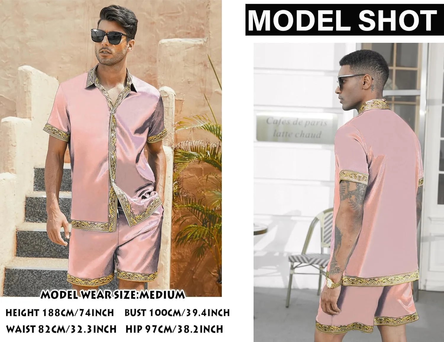 Men's Hawaiian Shirt and Short Set 2 Piece Outfits Luxury Printed Casual Button Down Short Sleeve Satin Shirt Suits