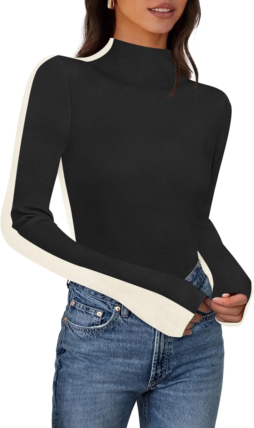 MEROKEETY Women's 2025 Fall Mock Neck Lightweight Pullover Sweater Fitted Ribbed Long Sleeve Color Block Knit Tee Shirt Tops