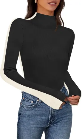 MEROKEETY Women's 2025 Fall Mock Neck Lightweight Pullover Sweater Fitted Ribbed Long Sleeve Color Block Knit Tee Shirt Tops
