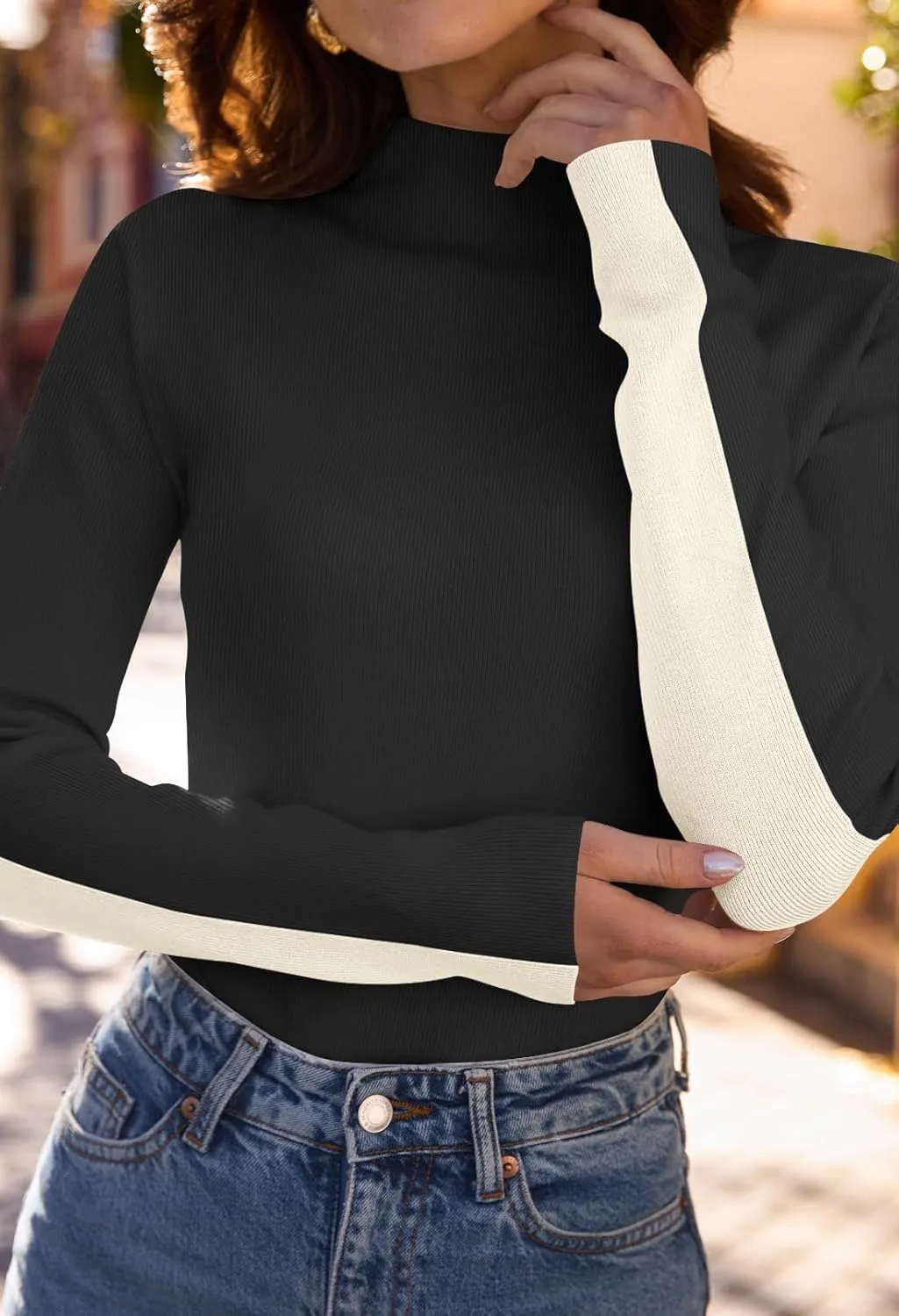 MEROKEETY Women's 2025 Fall Mock Neck Lightweight Pullover Sweater Fitted Ribbed Long Sleeve Color Block Knit Tee Shirt Tops