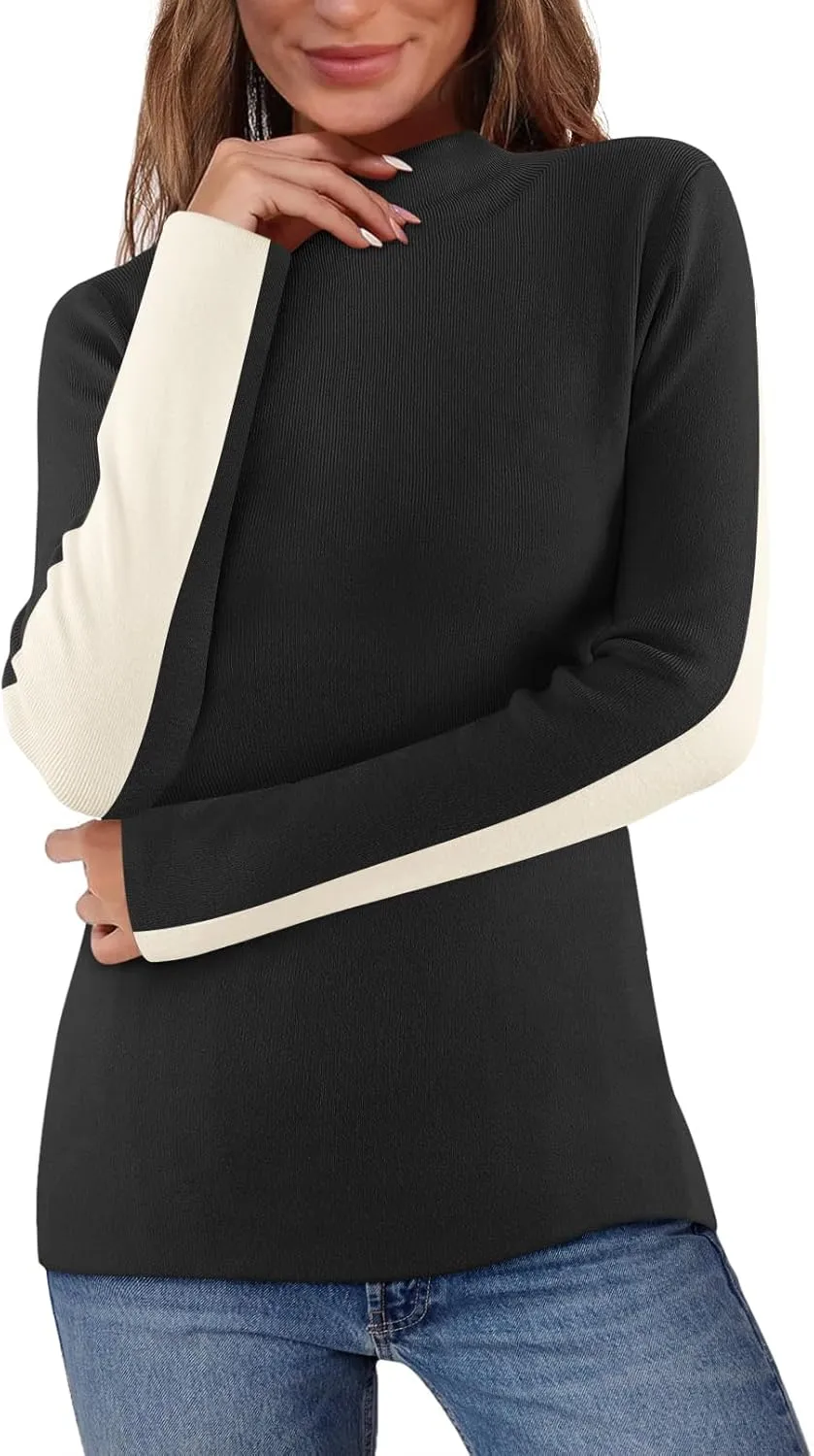 MEROKEETY Women's 2025 Fall Mock Neck Lightweight Pullover Sweater Fitted Ribbed Long Sleeve Color Block Knit Tee Shirt Tops