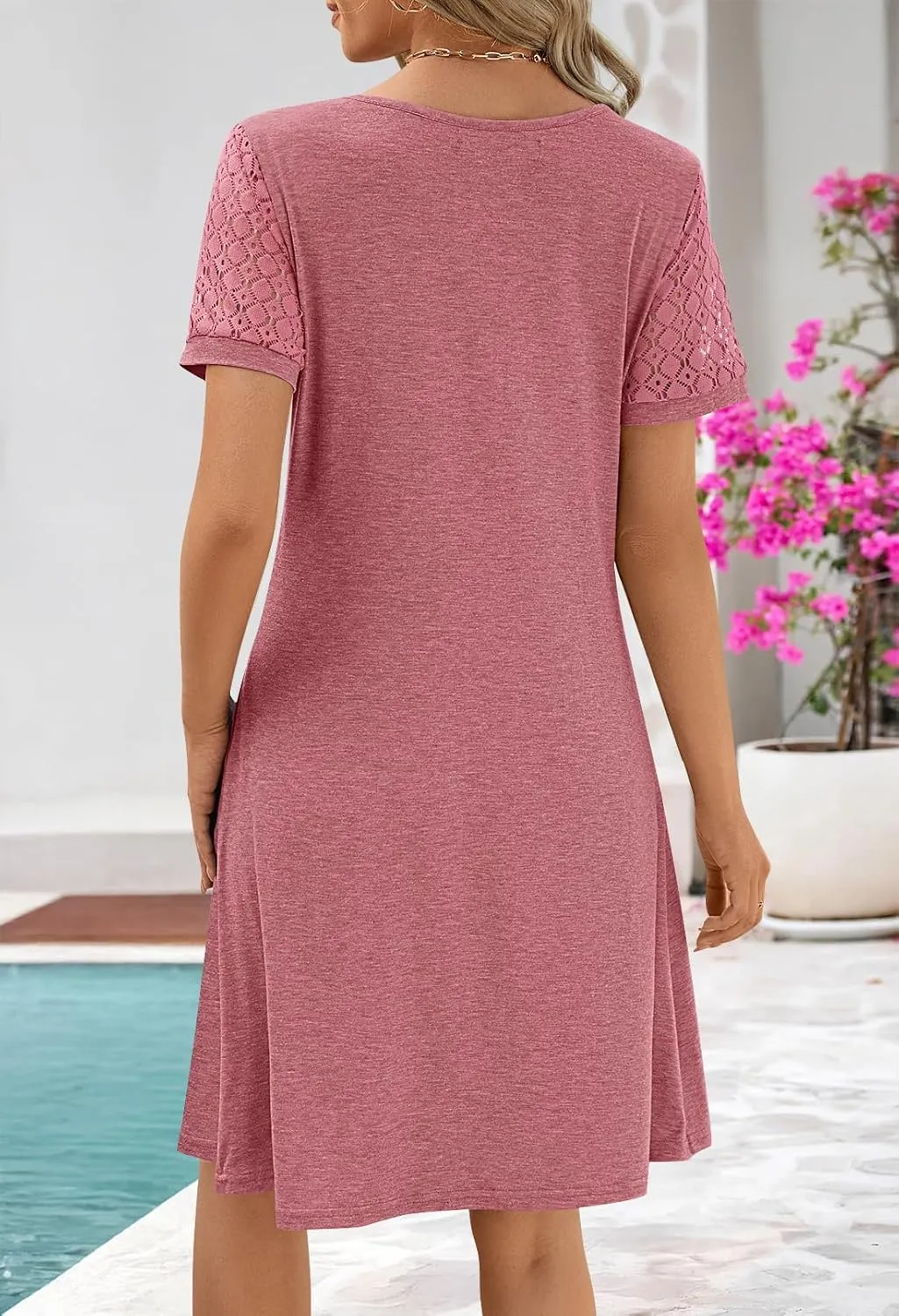 MEROKEETY Women's Summer Short Lace Sleeve T Shirt Dress Casual Crew Neck Pleated Front Shift Dresses