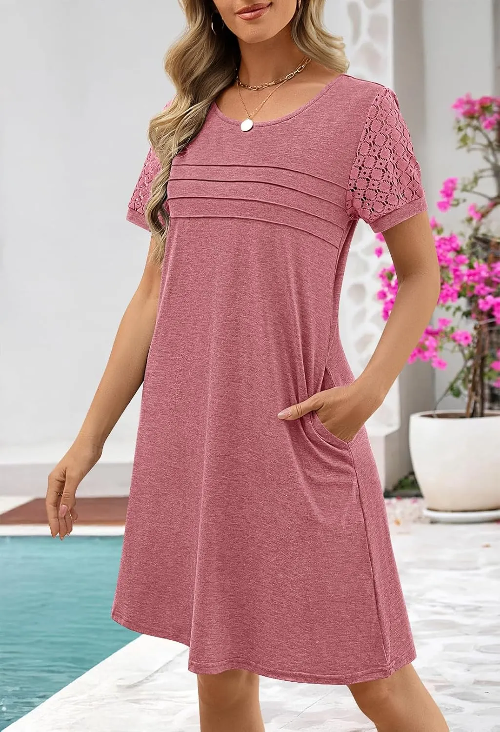 MEROKEETY Women's Summer Short Lace Sleeve T Shirt Dress Casual Crew Neck Pleated Front Shift Dresses