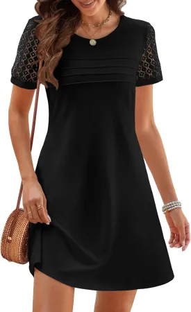 MEROKEETY Women's Summer Short Lace Sleeve T Shirt Dress Casual Crew Neck Pleated Front Shift Dresses