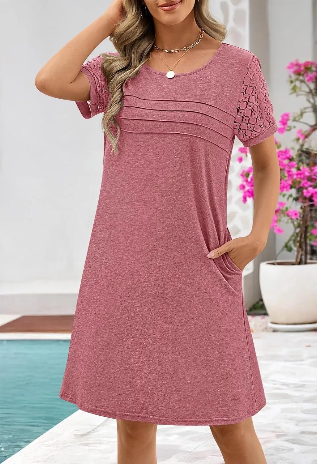 MEROKEETY Women's Summer Short Lace Sleeve T Shirt Dress Casual Crew Neck Pleated Front Shift Dresses