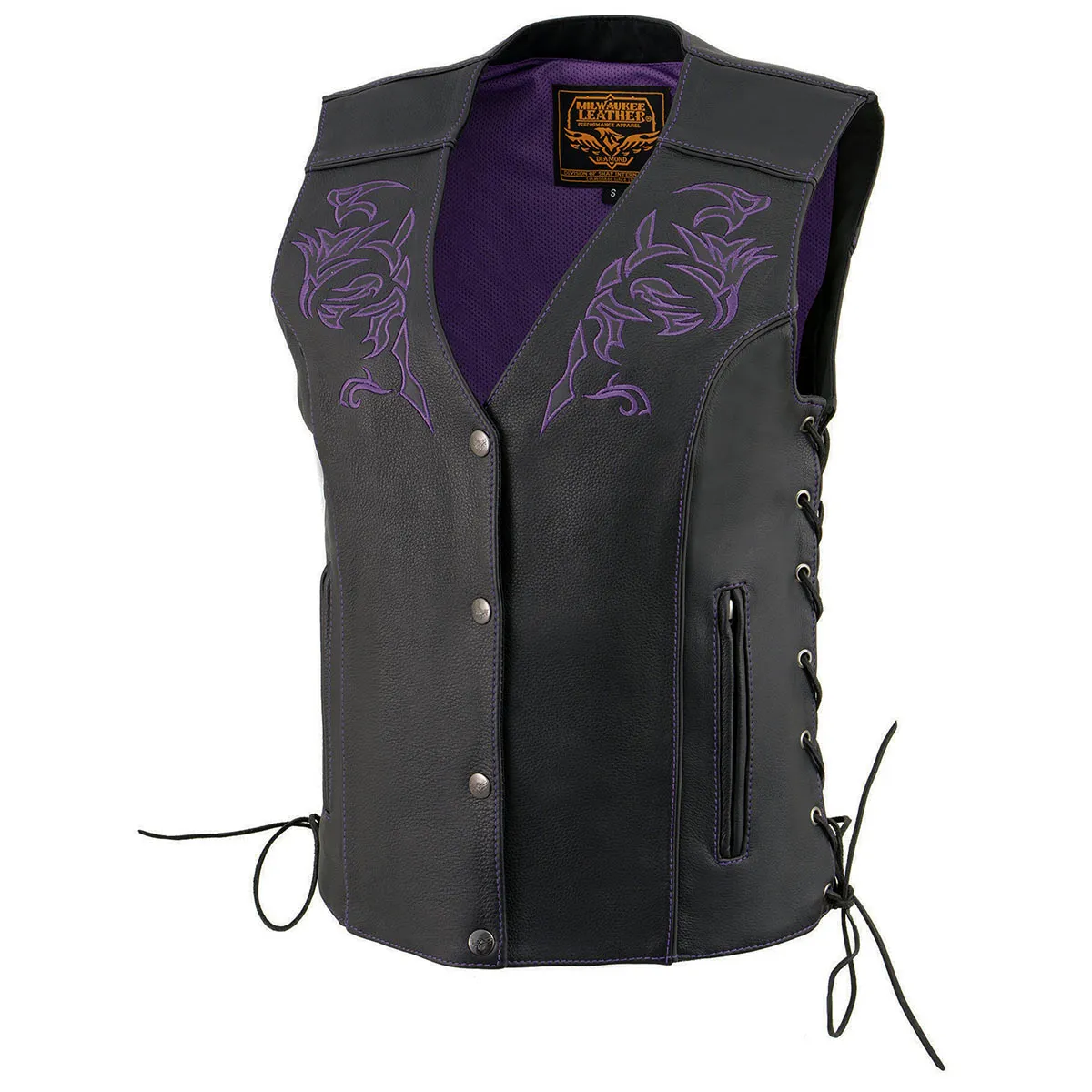 Milwaukee Leather ML1296 Women's Black Leather Side Lace Motorcycle Rider Vest- Reflective Piping and Purple Skulls