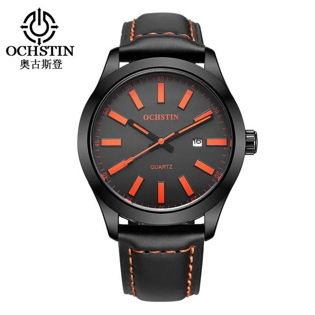 OCHSTIN Mens Watch Brand Logo Luxury Casual Black Genuine Leather Waterproof White Blue Red Face Diver Luminous Sport Watch
