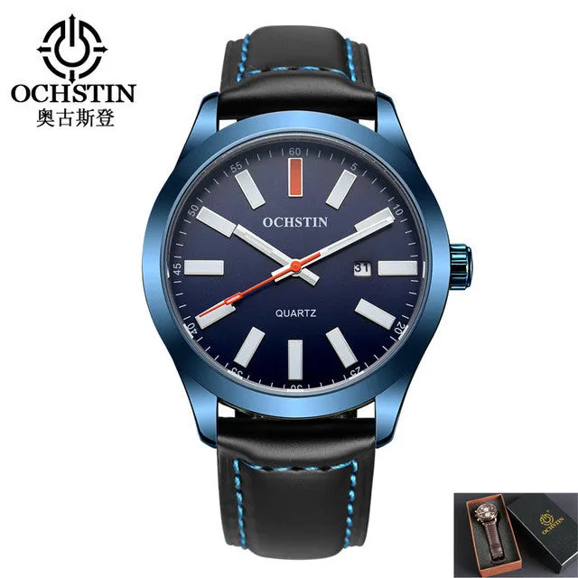 OCHSTIN Mens Watch Brand Logo Luxury Casual Black Genuine Leather Waterproof White Blue Red Face Diver Luminous Sport Watch