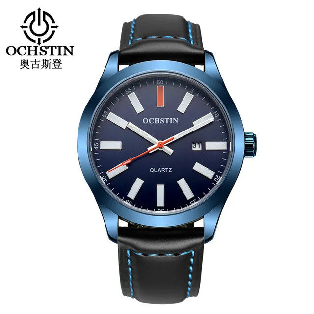 OCHSTIN Mens Watch Brand Logo Luxury Casual Black Genuine Leather Waterproof White Blue Red Face Diver Luminous Sport Watch