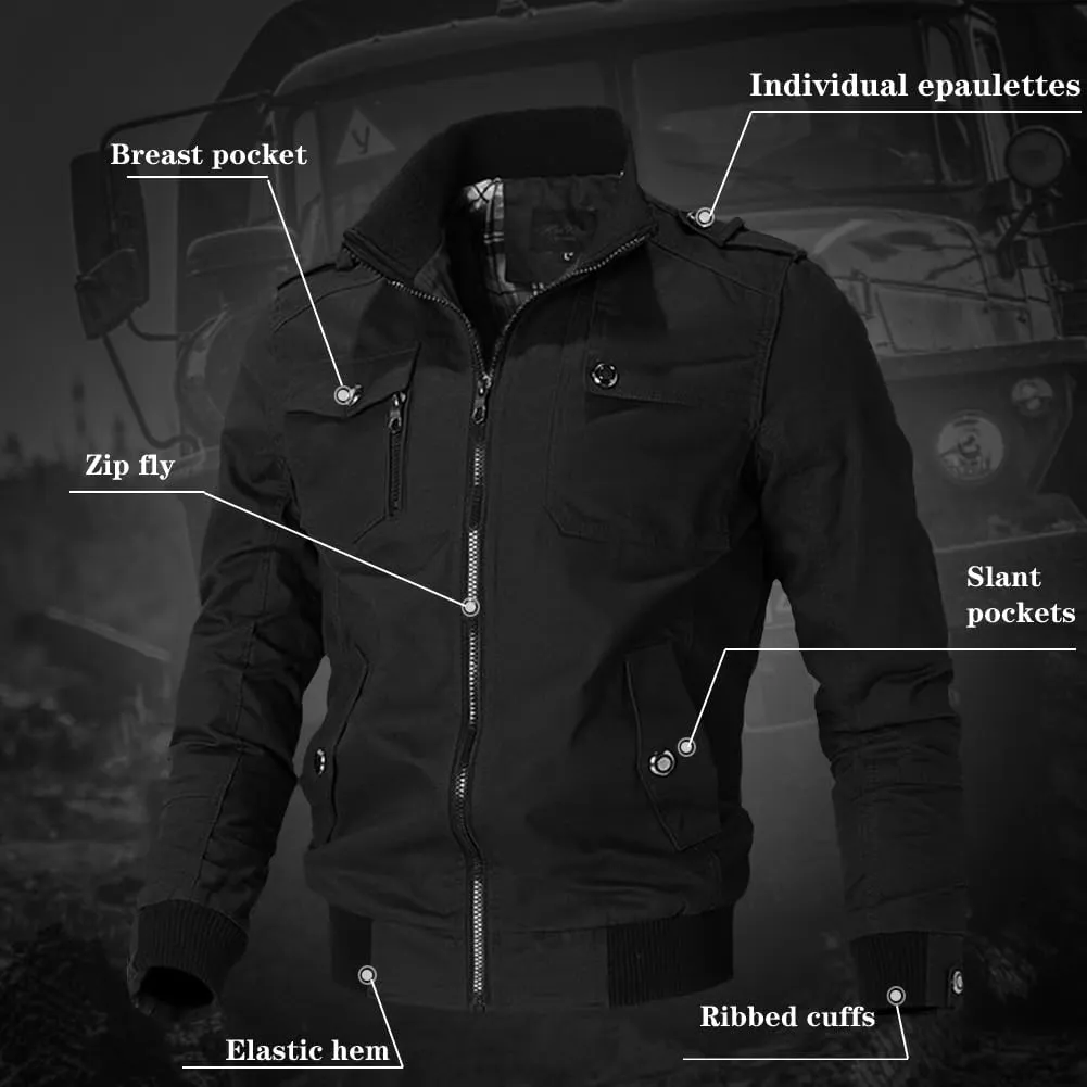 Oymyakon Men's Casual Military Jacket Stand Collar Jackets Coats Cotton Bomber Jackets with Shoulder Straps