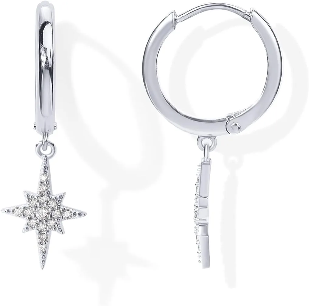 PAVOI 14K Gold Plated S925 Sterling Silver Post Lightweight Drop Dangle Huggie Hoop Earrings for Women | Star, Lock, Pearl, Cross, Lightening, Coin | Dainty Earrings