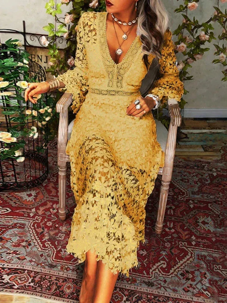 Pmystyle Lace V-neck Transparent Frock Women Flare Sleeve Hollow Out Sexy Lady Streetwear Party A-Line Elegant Spring Summer Dress