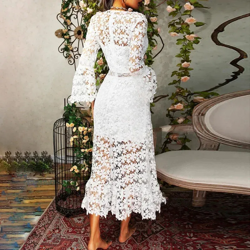 Pmystyle Lace V-neck Transparent Frock Women Flare Sleeve Hollow Out Sexy Lady Streetwear Party A-Line Elegant Spring Summer Dress
