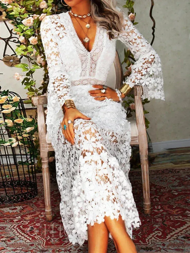 Pmystyle Lace V-neck Transparent Frock Women Flare Sleeve Hollow Out Sexy Lady Streetwear Party A-Line Elegant Spring Summer Dress