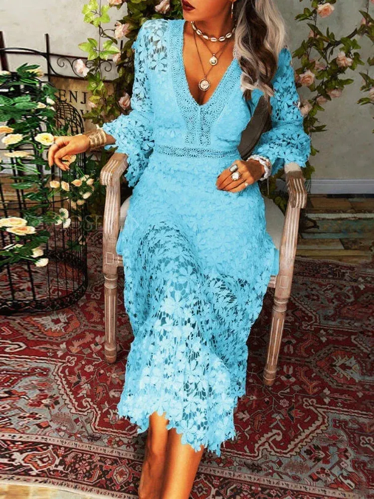Pmystyle Lace V-neck Transparent Frock Women Flare Sleeve Hollow Out Sexy Lady Streetwear Party A-Line Elegant Spring Summer Dress