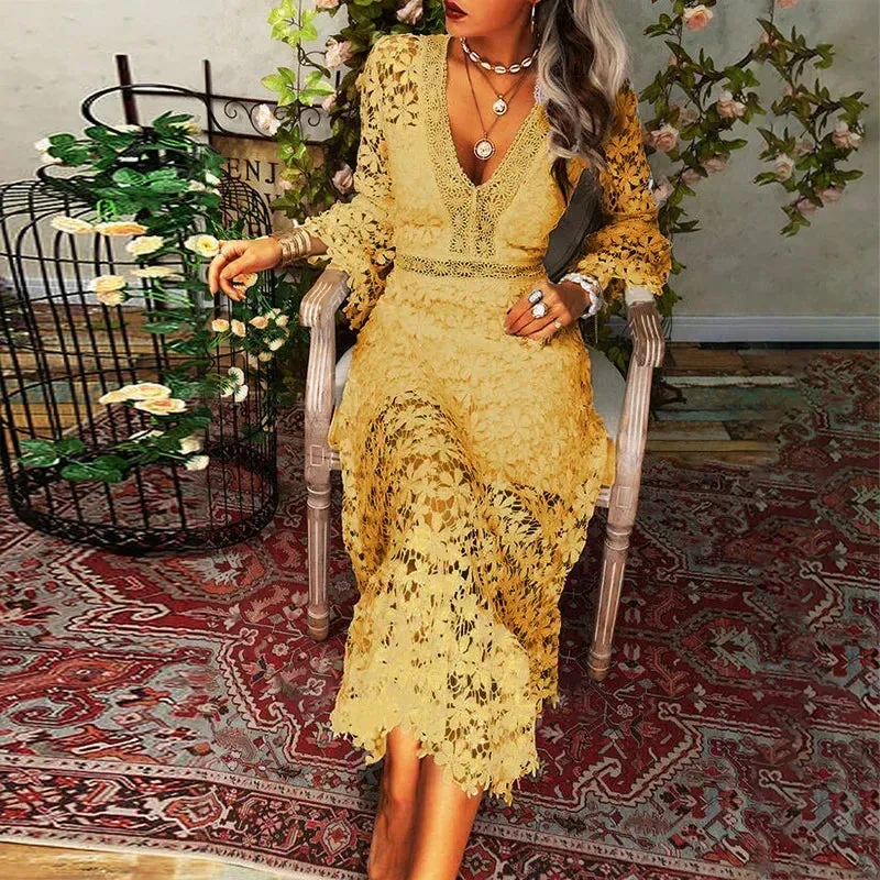 Pmystyle Lace V-neck Transparent Frock Women Flare Sleeve Hollow Out Sexy Lady Streetwear Party A-Line Elegant Spring Summer Dress