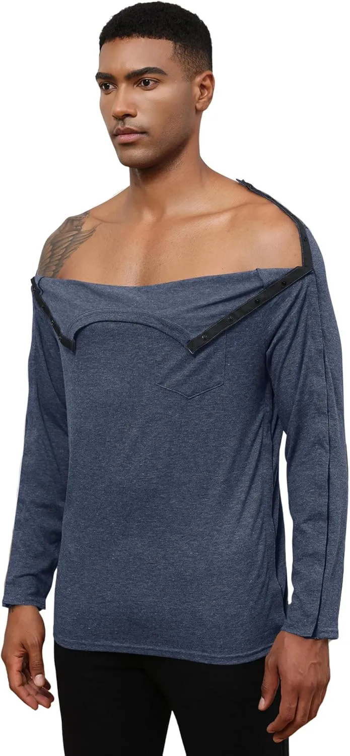 Poriff Unisex Post Shuolder Surgery Shirts for Recovery Full Tear Away Snap Long Sleeve Men Chemo Port Shirts for Women