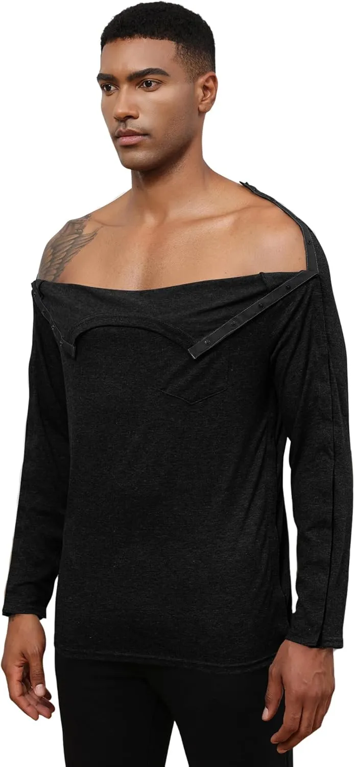 Poriff Unisex Post Shuolder Surgery Shirts for Recovery Full Tear Away Snap Long Sleeve Men Chemo Port Shirts for Women