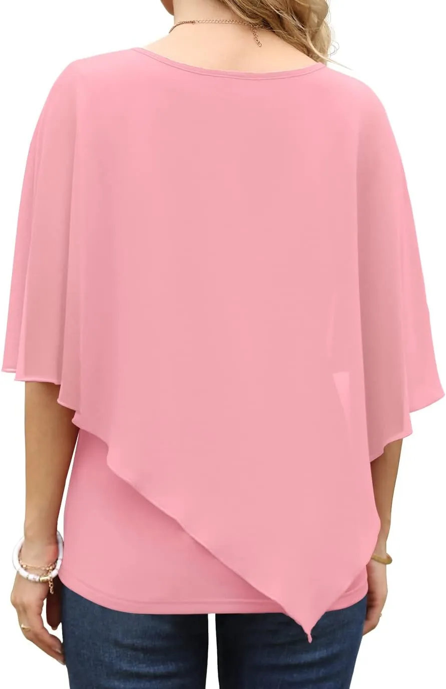 QIXING Women's Summer Casual Loose Chiffon Flowy Tops Elegant Blouses