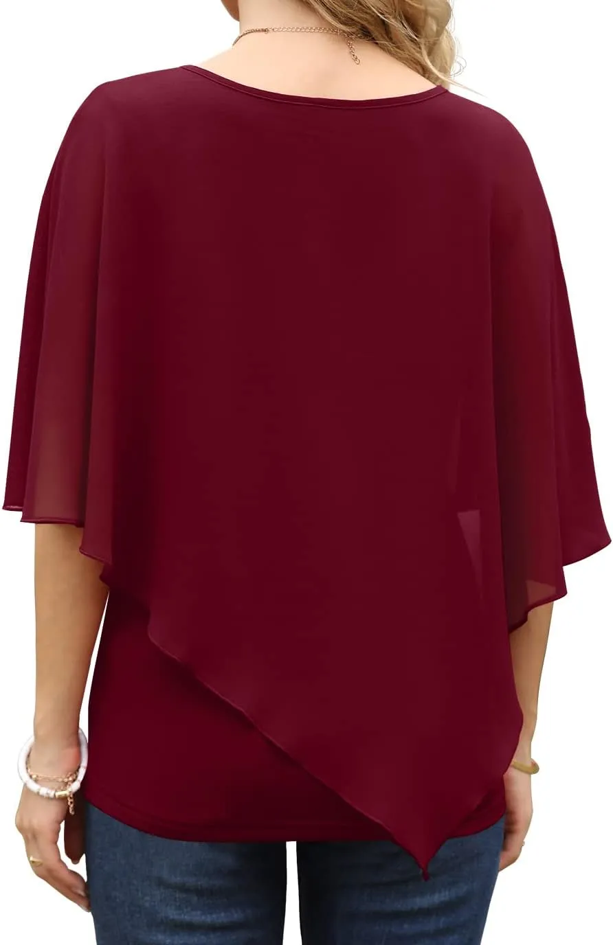 QIXING Women's Summer Casual Loose Chiffon Flowy Tops Elegant Blouses