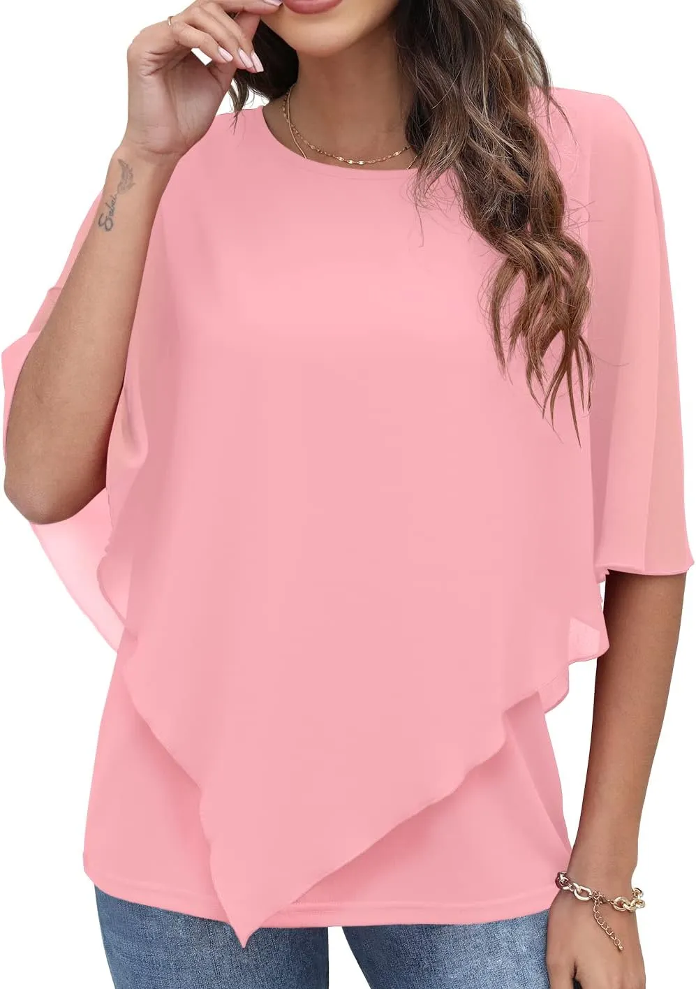 QIXING Women's Summer Casual Loose Chiffon Flowy Tops Elegant Blouses