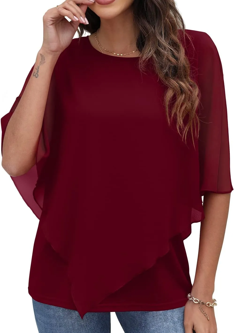 QIXING Women's Summer Casual Loose Chiffon Flowy Tops Elegant Blouses