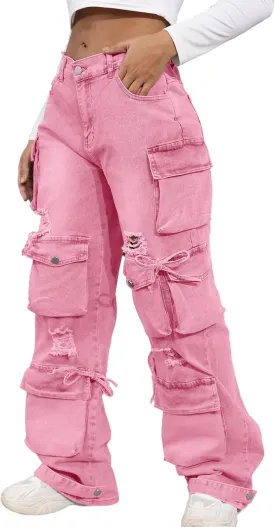 Ryehack Womens Baggy Jeans Y2k Cargo Jeans Casual High Waist Baggy Denim Cargo Pants with Pockets Streetwear