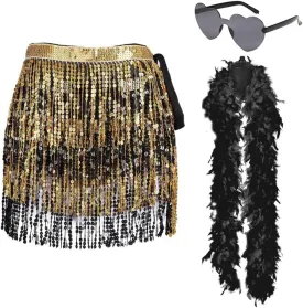 Sequin Skirt - Sequin Skirt for Women Fringe Skirt Belly Dance Rave Disco Cowgirl Sparkle Skirt, with Sunglasses   Boa