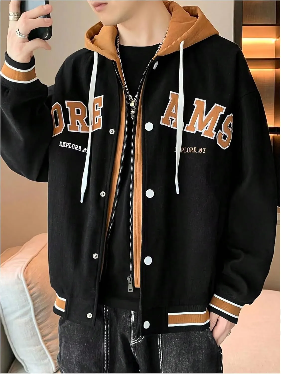 SOLY HUX Men's Casual 2 in 1 Hoodie Jackets Bomber Jacket Hooded Zipper Snap Long Sleeve Baseball Jackets