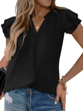 Sucolan Women's Summer Tops Dressy Casual Notch V Neck Ruffle Short Sleeve Flowy Shirts Cute Blouses Tops