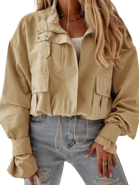 Tankaneo Womens Cropped Bomber Jacket Long Sleeve Zip Up Casual Coats Loose Fit Outerwear with Pockets