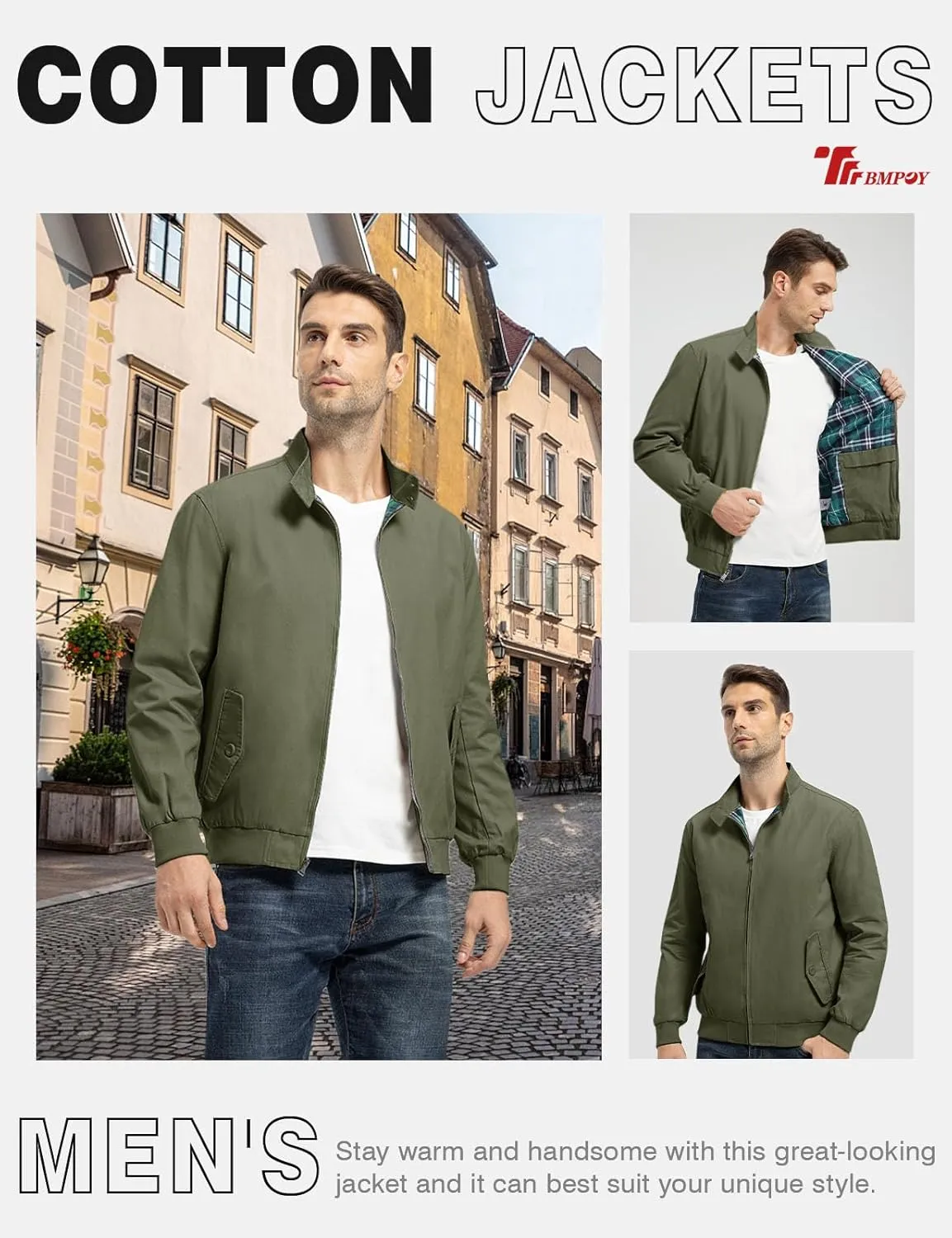 TBMPOY Men's Lightweight Cotton Jackets Golf Full Zip Windbreaker Spring Fall Stylish Casual Jackets Work bomber