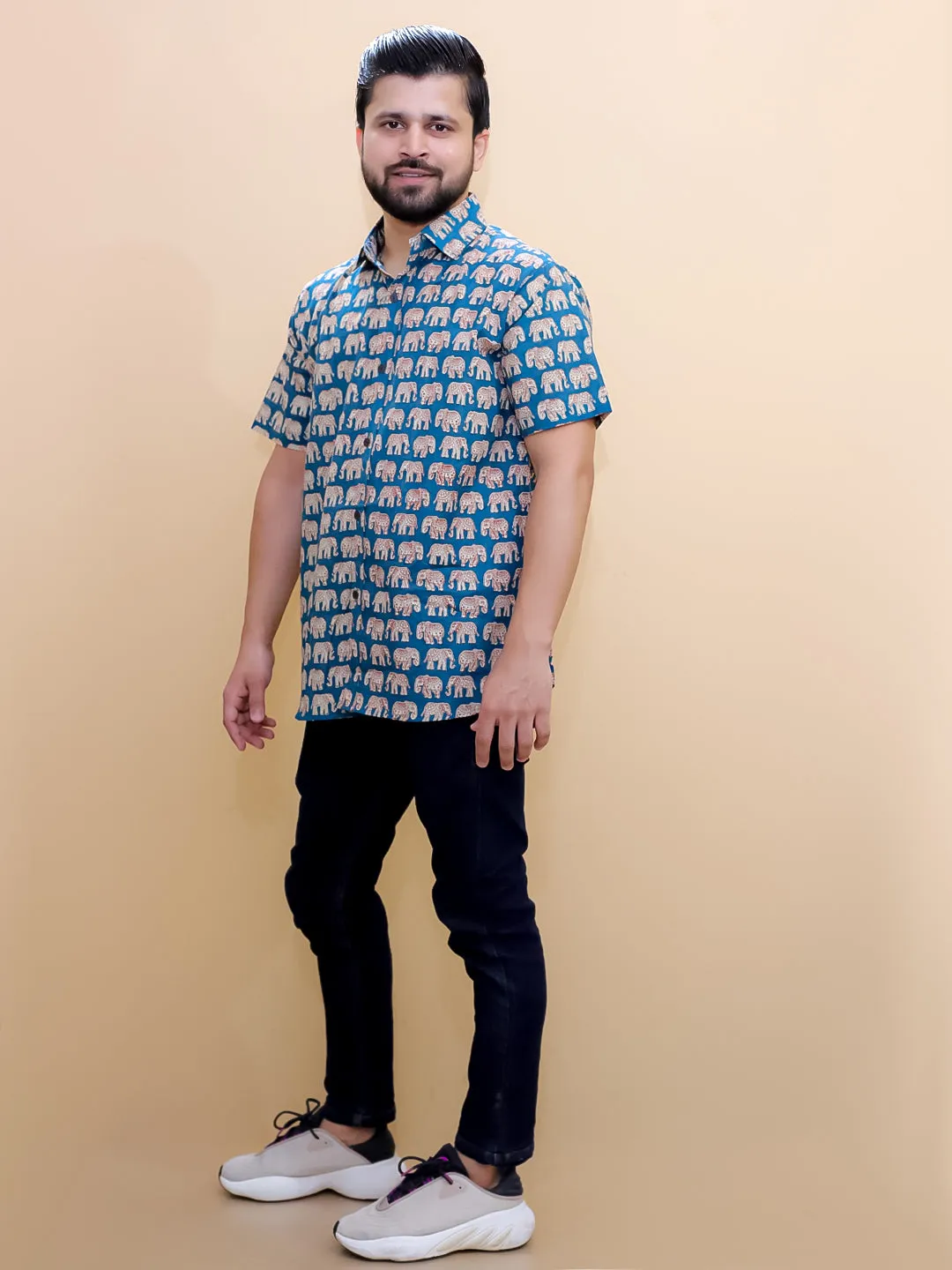 Teal Elephant Print Mens Shirt