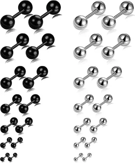 Tornito 14 Pairs Stainless Steel Ball Stud Earrings Barbell Cartilage Tragus Helix Ear Piercing For Men Women 2-8mm Silver Black