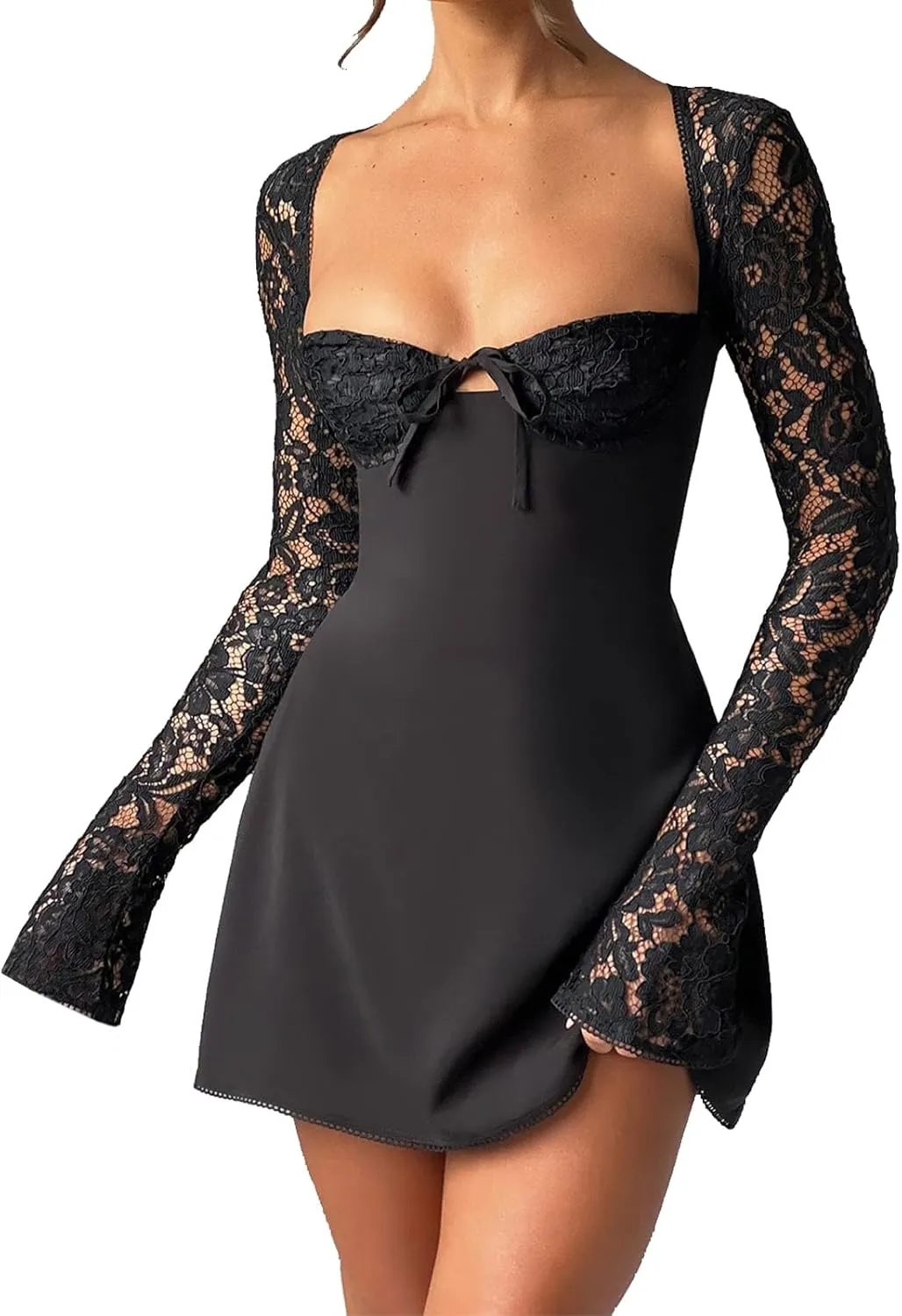 Women Sexy Lace Mini Dress Y2K Low-Cut Tie Up Lace Sheer Long Sleeve Backless Party Short Cami Dresses