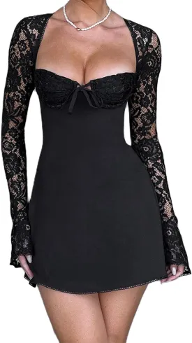 Women Sexy Lace Mini Dress Y2K Low-Cut Tie Up Lace Sheer Long Sleeve Backless Party Short Cami Dresses