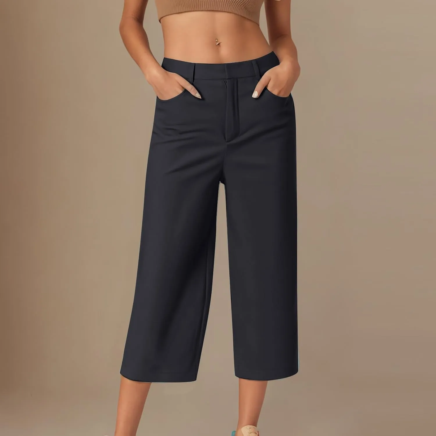Women Wide Leg Capri Pants Business Casual Stretch Pant Comfy Loose Lounge Cropped Trouser Work Clothes