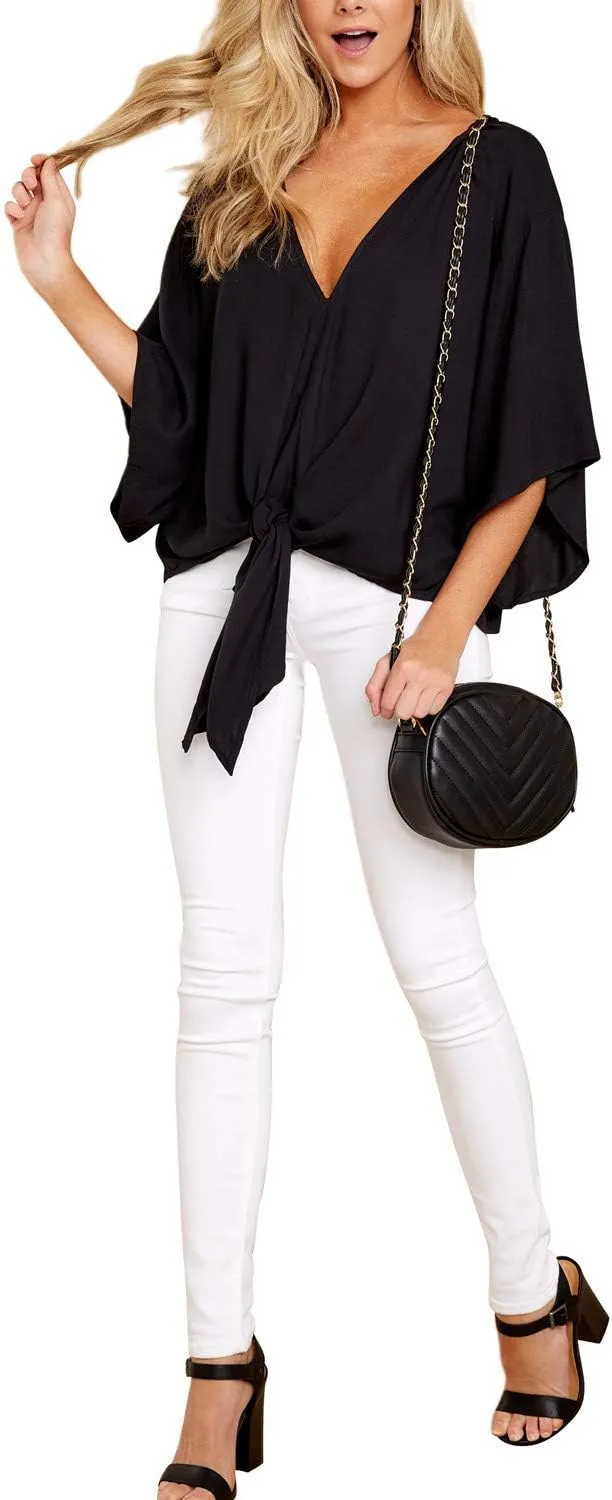 Women's Casual Floral Blouse Batwing Sleeve Loose Fitting Shirts Boho Knot Front Tops