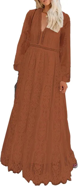 Women's Fall Lace Maxi Wedding Dress Long Sleeve V Neck Flowy A Line Cocktail Formal Party Dress Spring