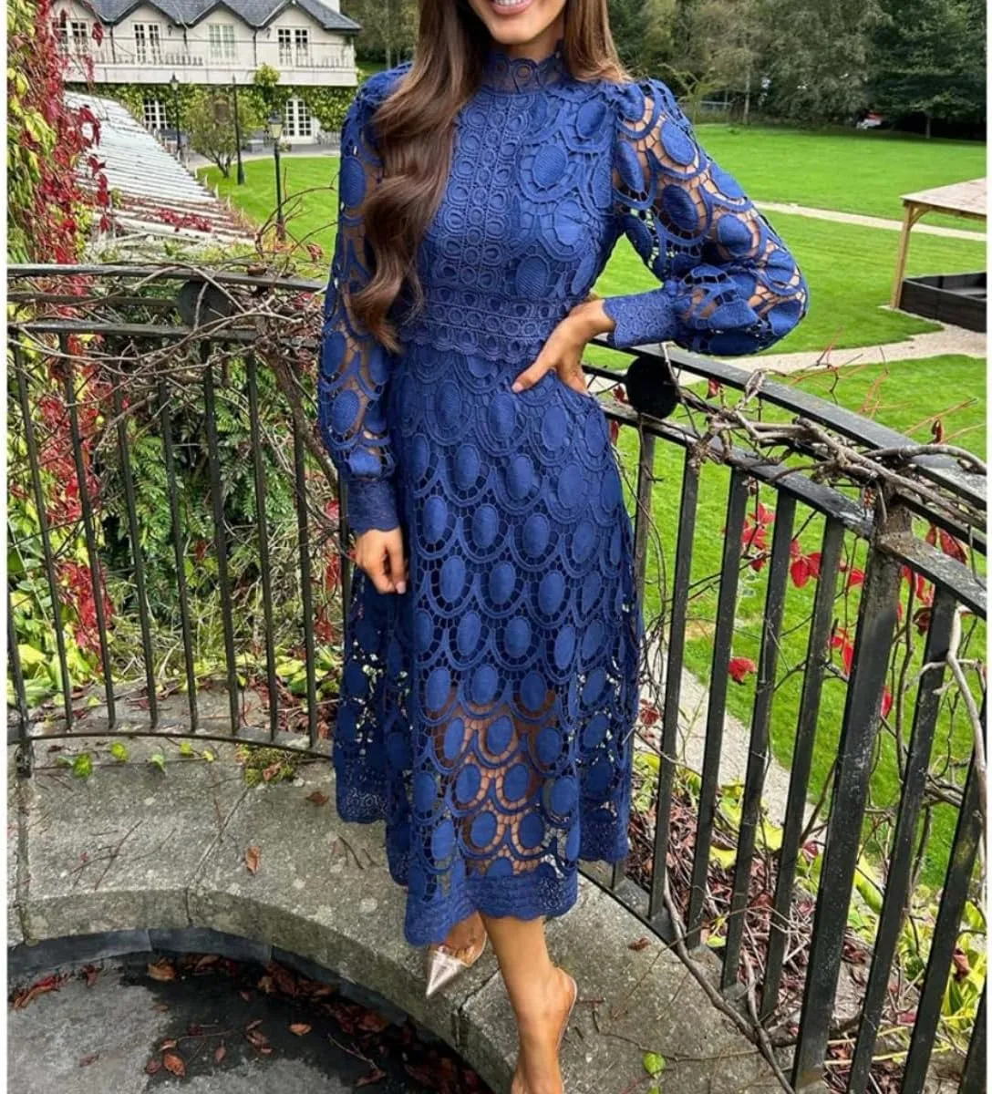 Women's Flowy Lace Formal Dress Womens Sexy Long Puff Sleeve Stand Collar Tight Waist Long Dress Lace Maxi Dress for Women